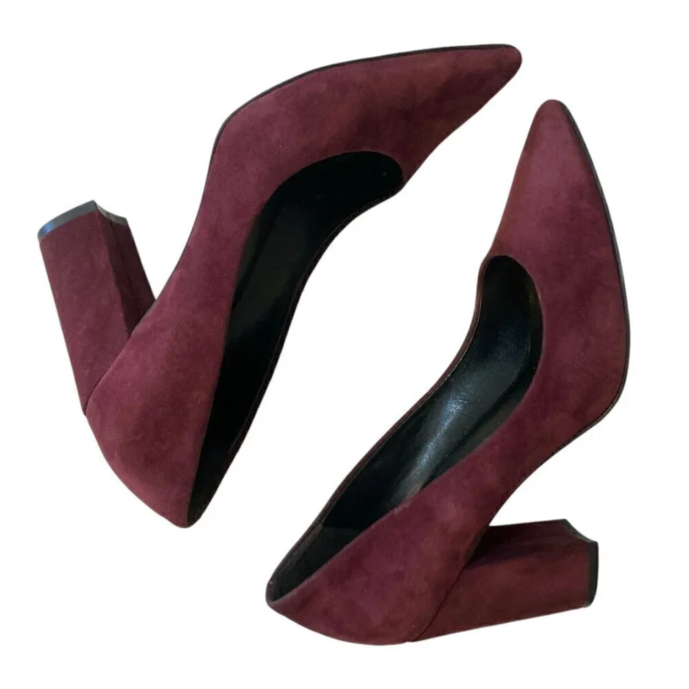 MARC FISHER Suede Pointed Toe Stacked Block Heel Pumps Eggplant Purple